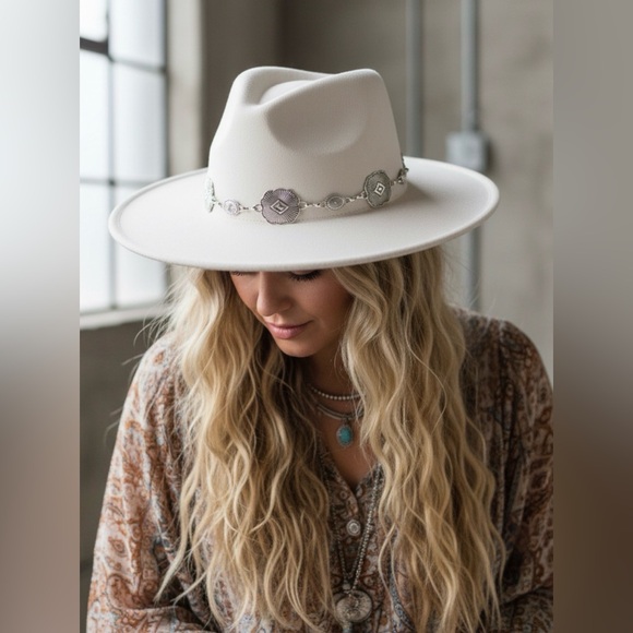 Accessories - NWT Boho Festival Concho Belted Wide Brim Hat Ivory